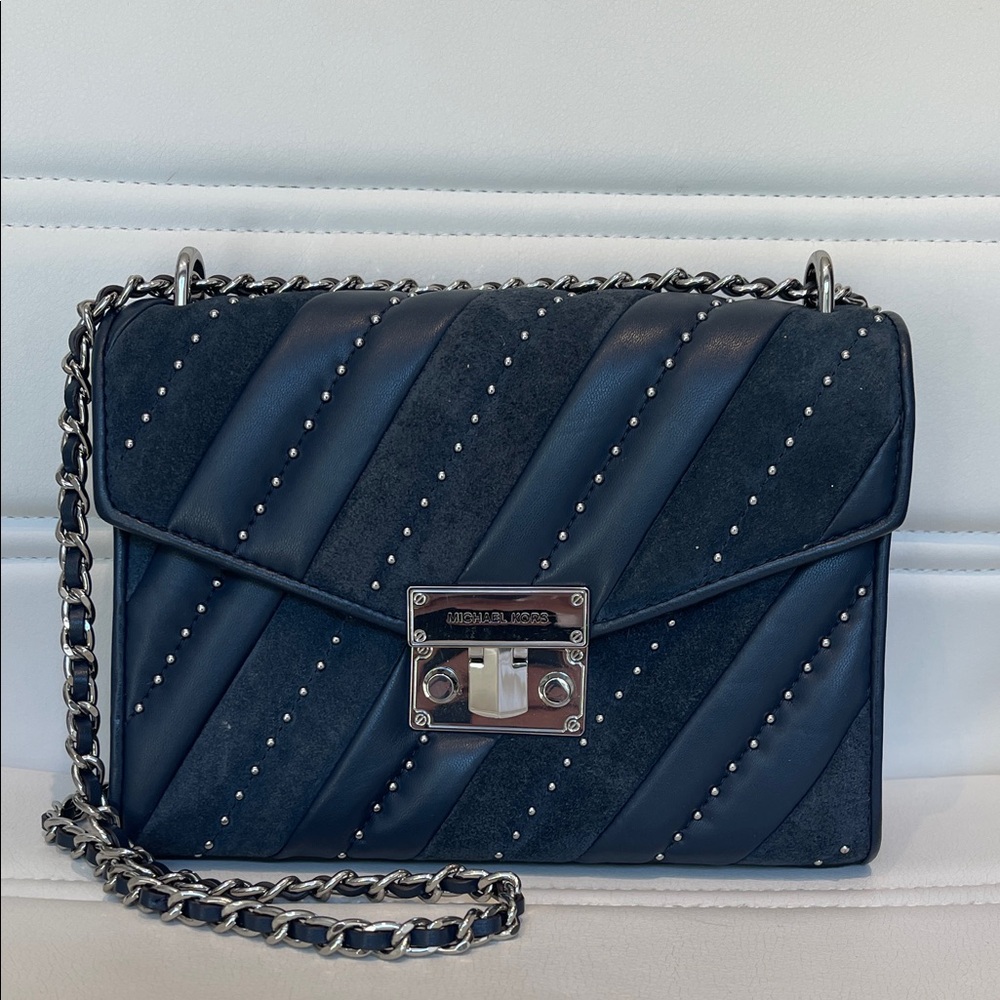 Michael Kors Navy Quilted Chain Crossbody with Silver Hardware